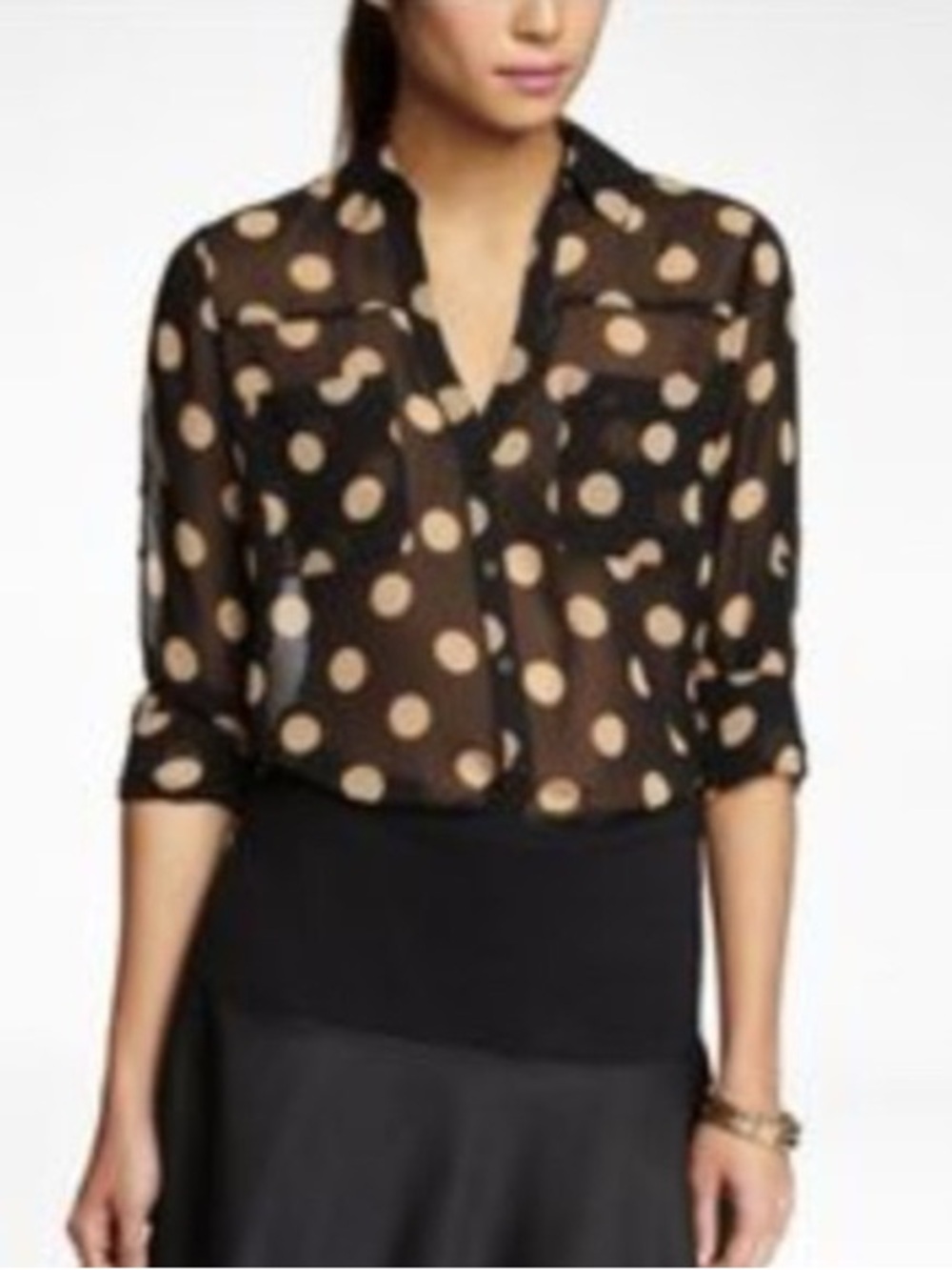 Express 2013 The Portofino Shirt Black Beige Polka Dot Button Up Blouse L